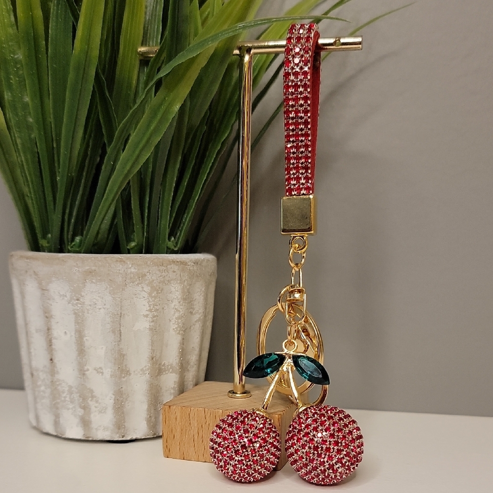 Cherry Red Rhinestone Keychain Bag Charm